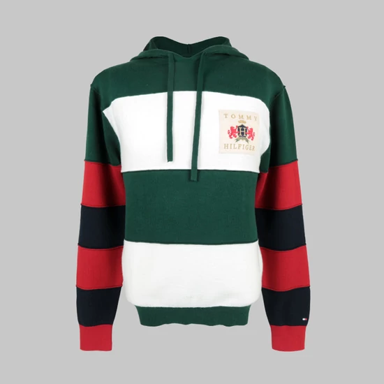 Tommy Hilfiger férfi kapucnis pulóver, színes csíkos, 100% pamut