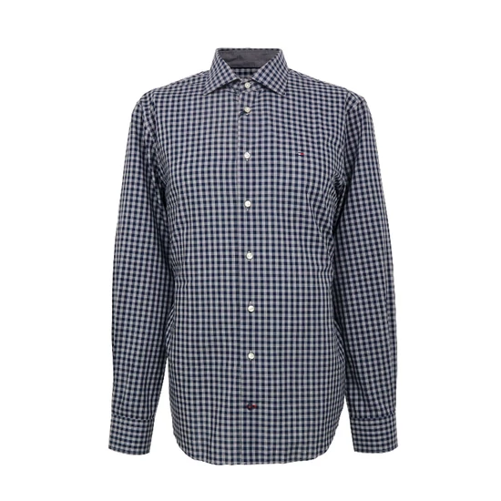 Tommy Hilfiger férfi hosszú ujjú ing, sötétkék-szürke kockás, 100% pamut, fitted